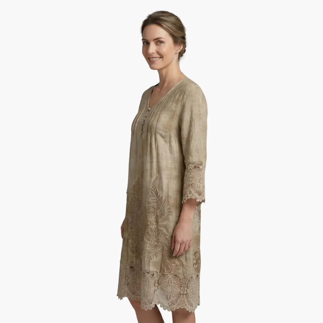 Wilfred Smith Women’s Embroidered Midi Dress with beige lace hem and 3/4 sleeves