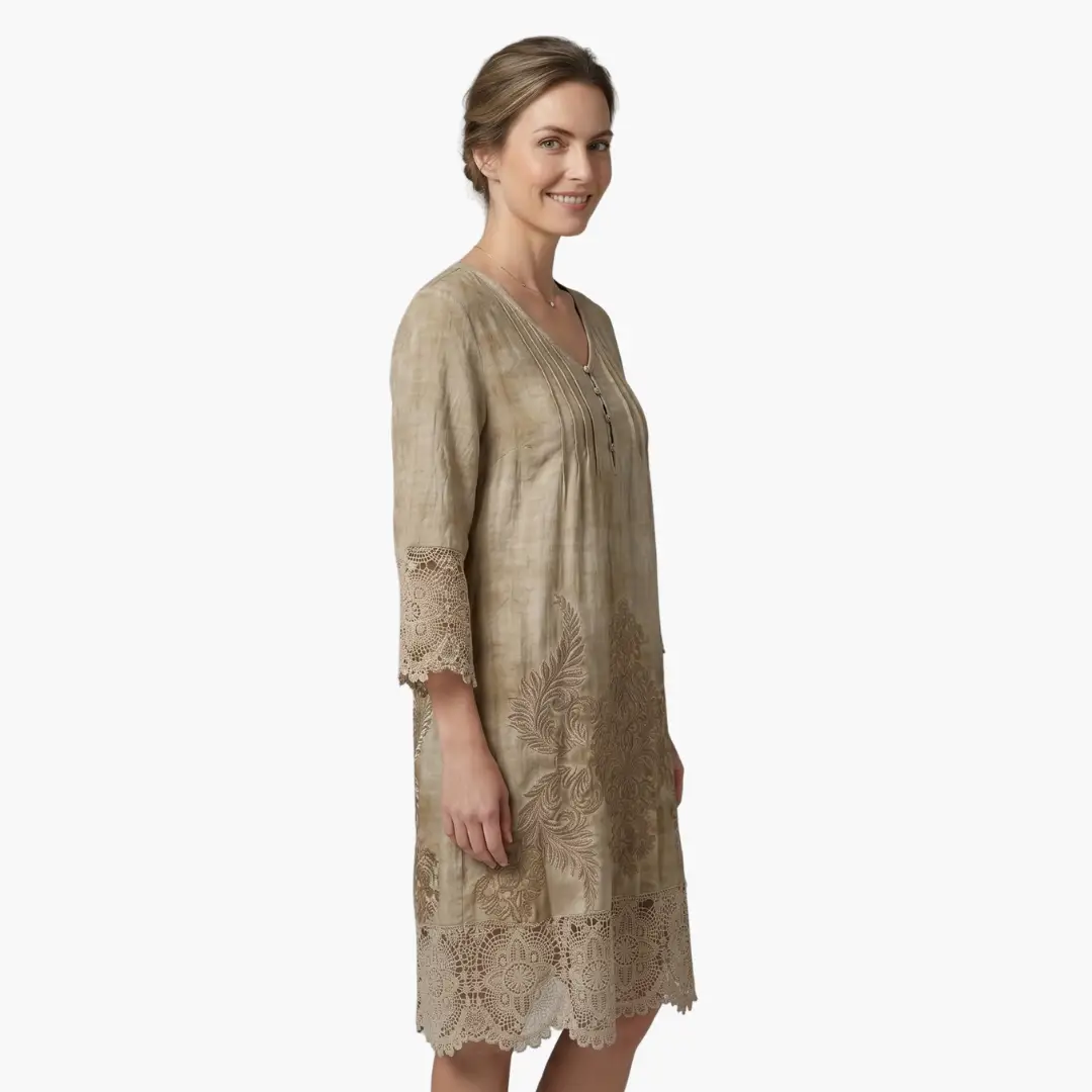 Women’s Embroidered Midi Dress by Wilfred Smith in beige linen with lace hem and cuffs