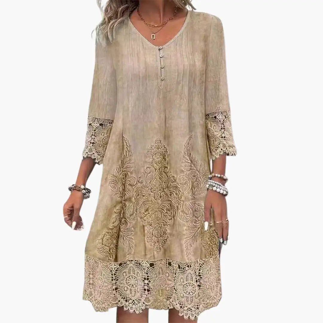 Women's embroidered midi dress in beige with lace hem and cuffs