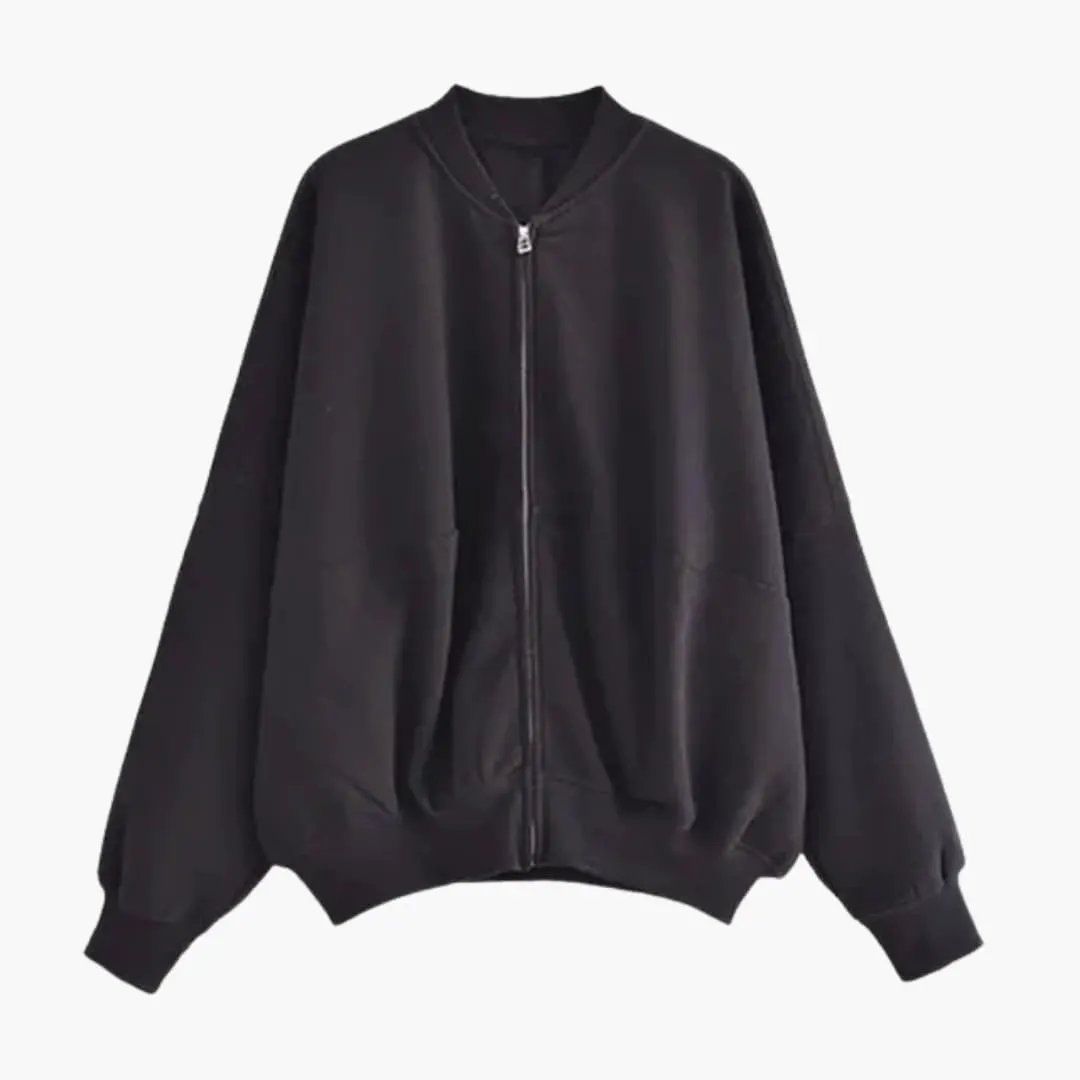 Women's fleece bomber jacket by Wilfred Smith in black, zip-front, cozy oversized fit.
