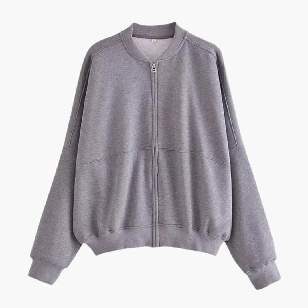 Women's fleece bomber jacket by Wilfred Smith in gray with zip front and ribbed cuffs