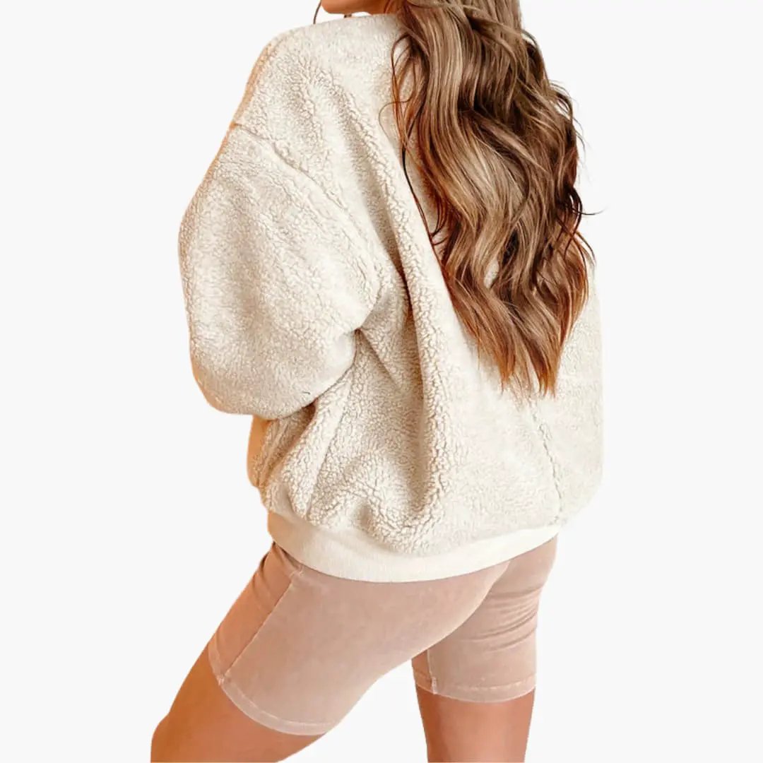 Women’s fleece bomber jacket in cream, plush textured fabric, back view