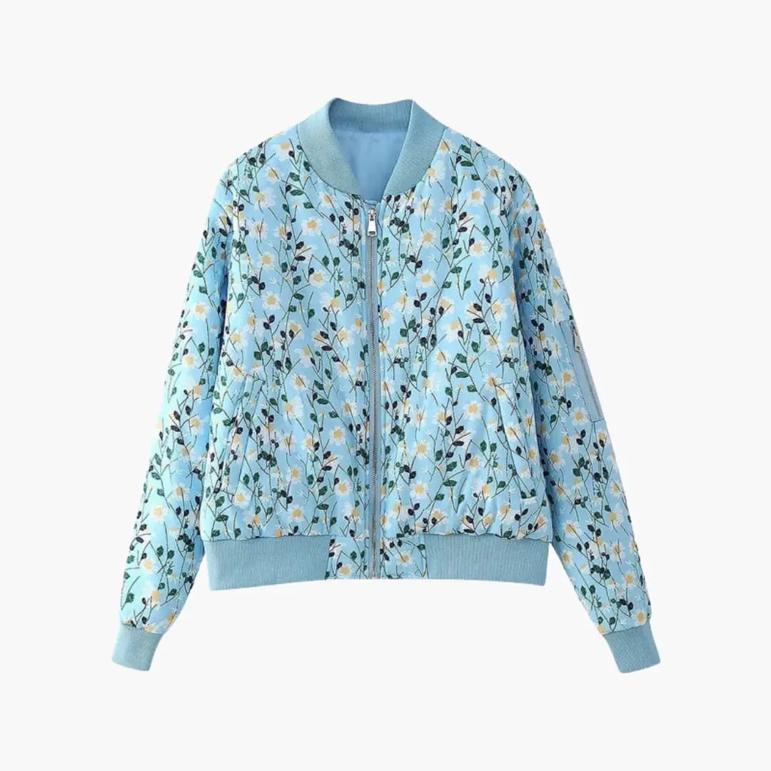 Women's bomber jacket in light blue floral pattern with zip front and elastic cuffs and hem