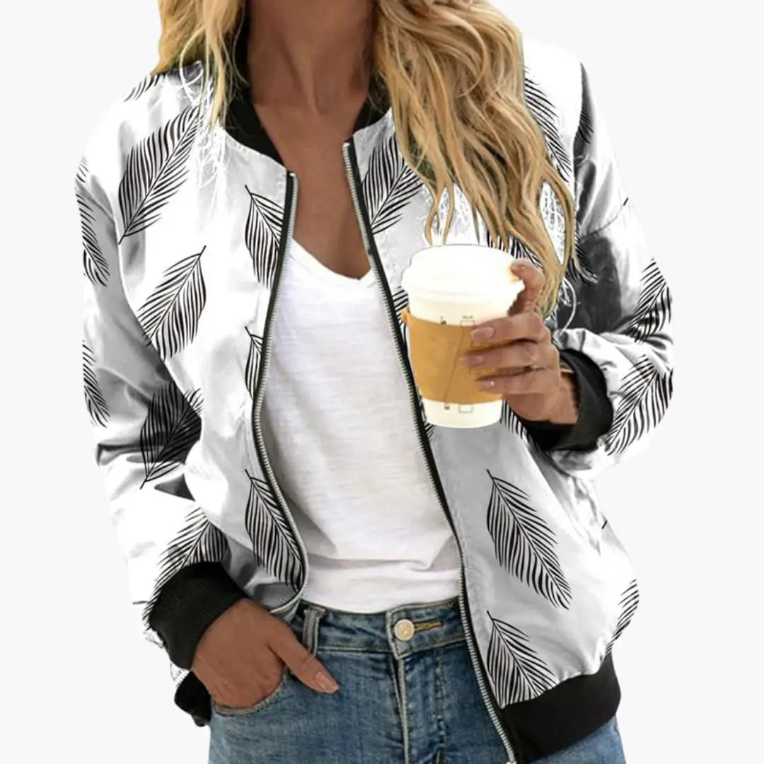 Women’s white bomber jacket with black palm-leaf print, zip front, ribbed cuffs and side pockets
