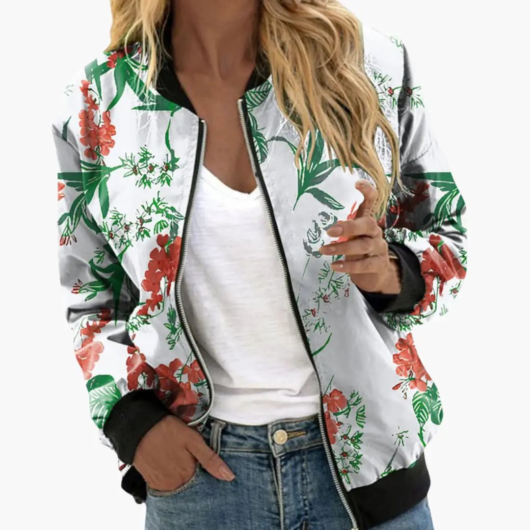 Women’s Floral Print Bomber Jacket with zip front and side pockets on white base
