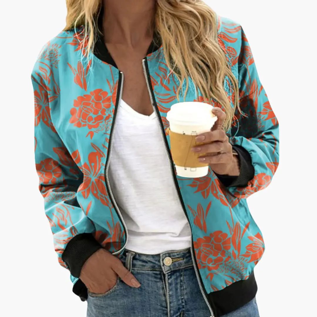 Women's floral print turquoise bomber jacket with zip, black rib cuffs, and side pockets