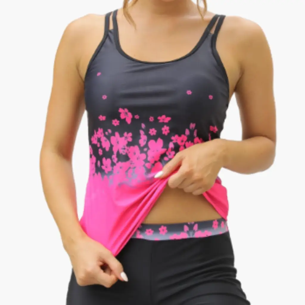 Women’s Tankini Set by Wilfred Smith: floral square-neck top with pink gradient on dark gray