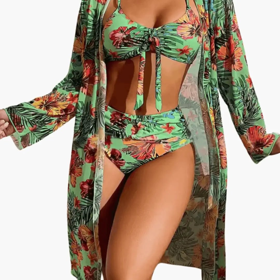 Women’s Floral Three-Piece Bikini Set with Matching Cover-Up, green tropical print by Wilfred Smith, Classic Bikinis