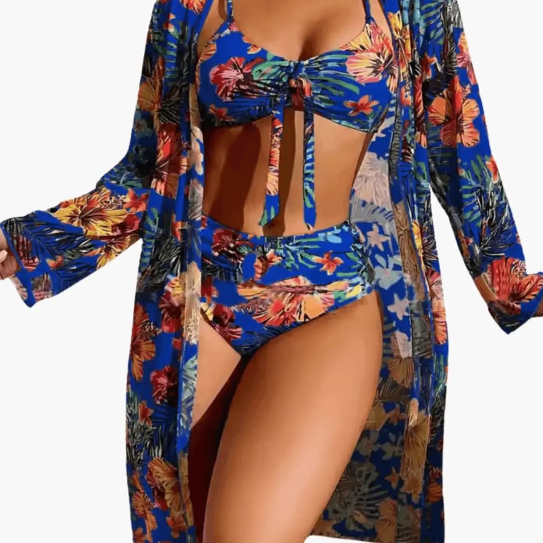 Women’s Floral Three-Piece Bikini Set with Matching Cover-Up in blue tropical print