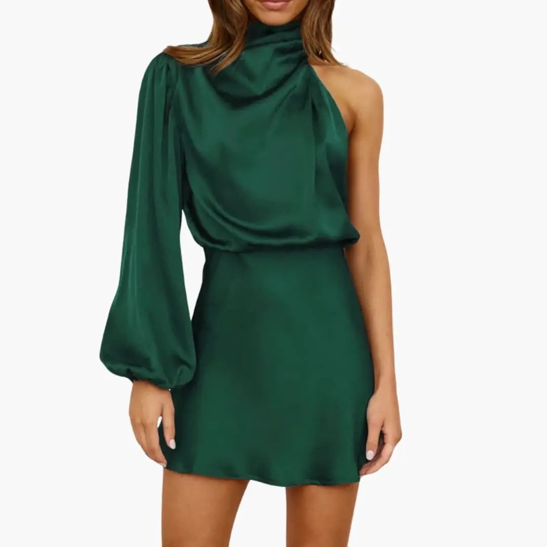 Women’s Halter Mini Dress with Asymmetrical Sleeve in emerald green satin with a single puff sleeve