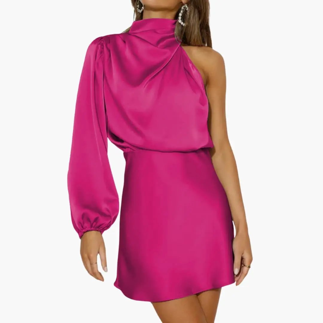 Women’s Halter Mini Dress with Asymmetrical Sleeve in magenta satin by Wilfred Smith