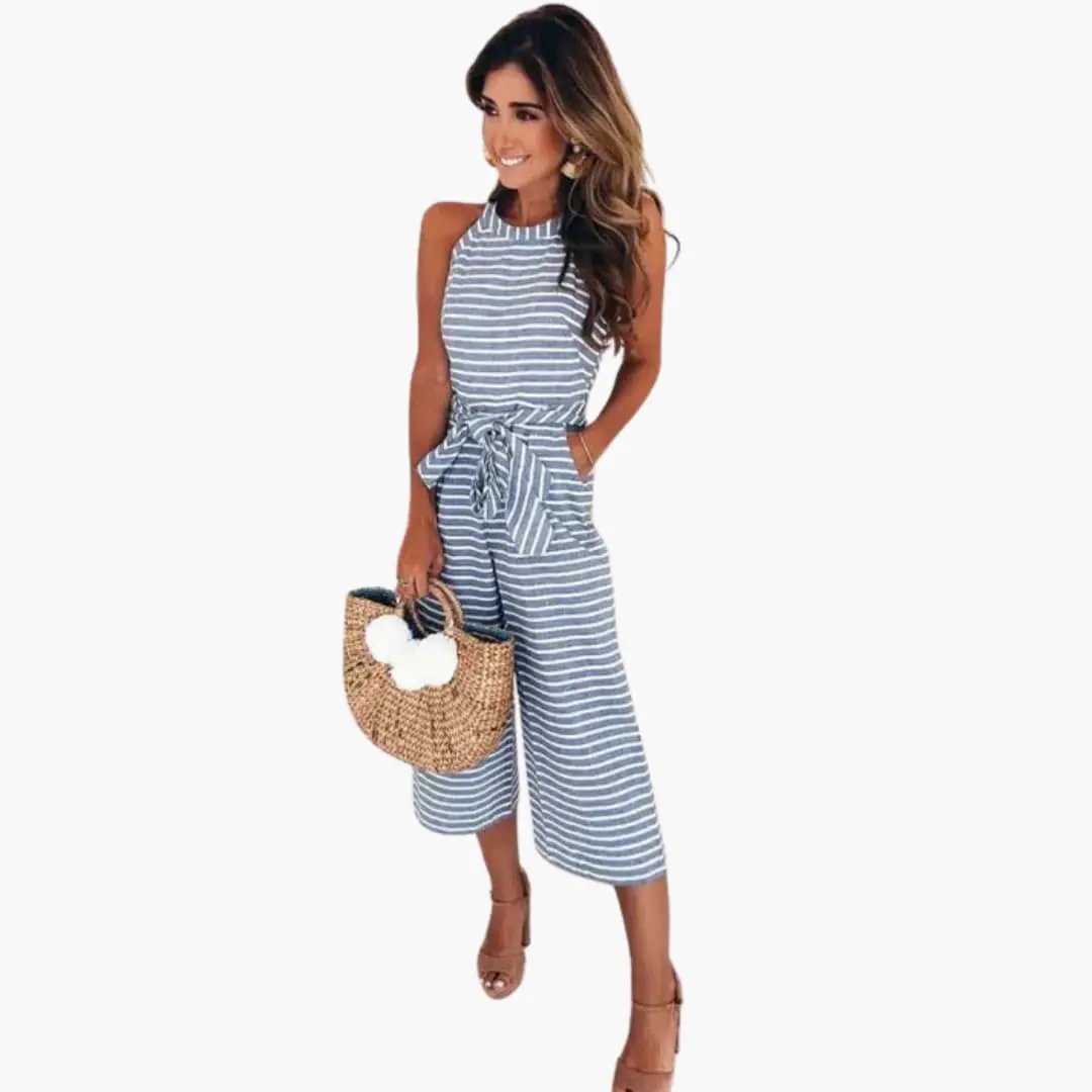 Women’s halter-neck striped jumpsuit with waist belt by Wilfred Smith, blue and white