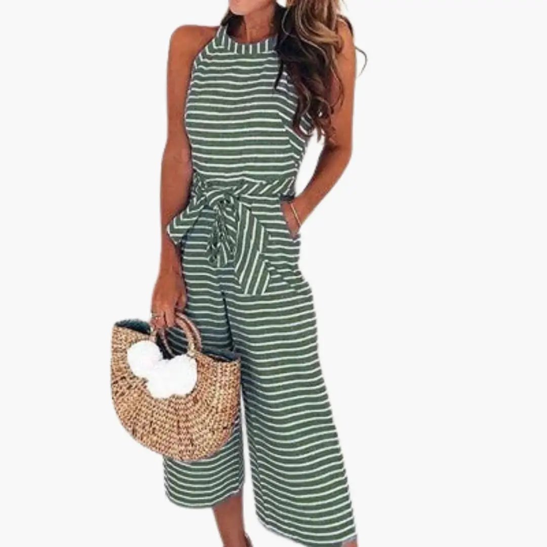 Women’s halter neck jumpsuit with waist belt in green and white stripes by Wilfred Smith.
