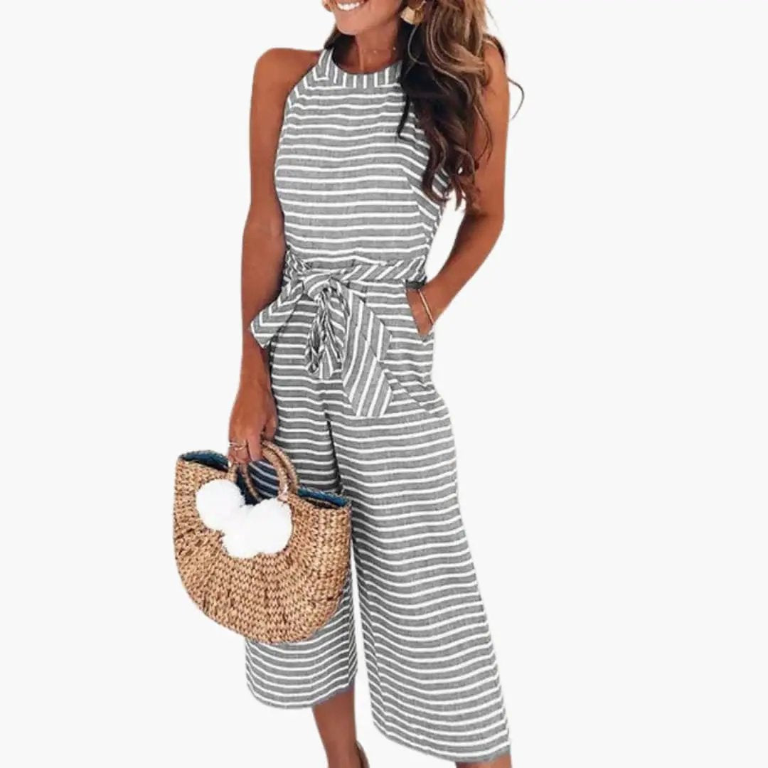 Women's halter-neck striped jumpsuit with waist belt, gray and white, wide-leg cropped style