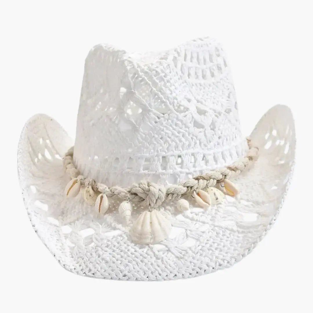 Women's white crochet cowboy hat with a wide brim and shell-embellished braided band