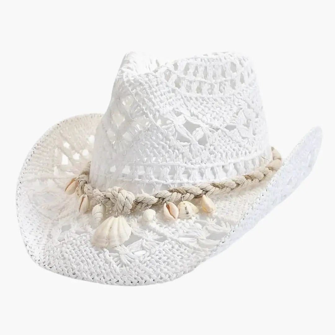 Women's white crochet cowboy hat with wide brim and shell-accented braided band