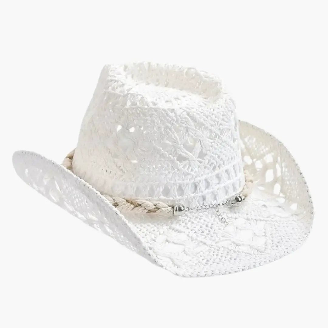 Women's white crochet cowboy hat by Wilfred Smith with wide brim and adjustable ribbon