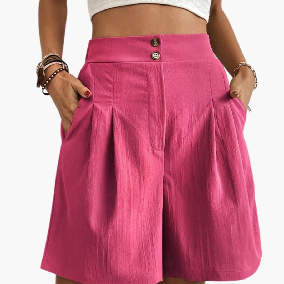Women's high-rise wide-leg pink shorts with side pockets and two front buttons