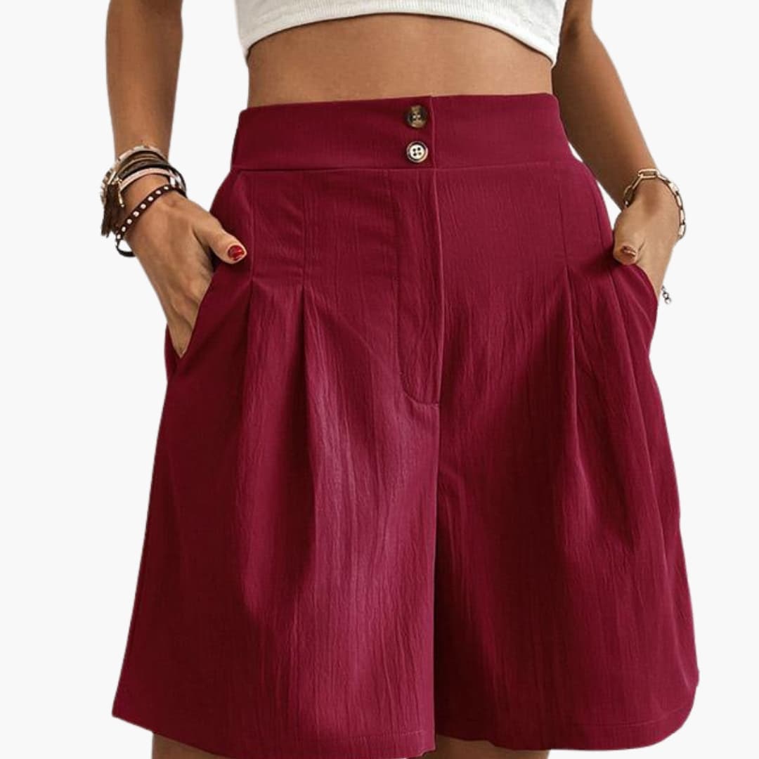 Women's High-Rise Wide-Leg Shorts with Side Pockets in burgundy by Wilfred Smith