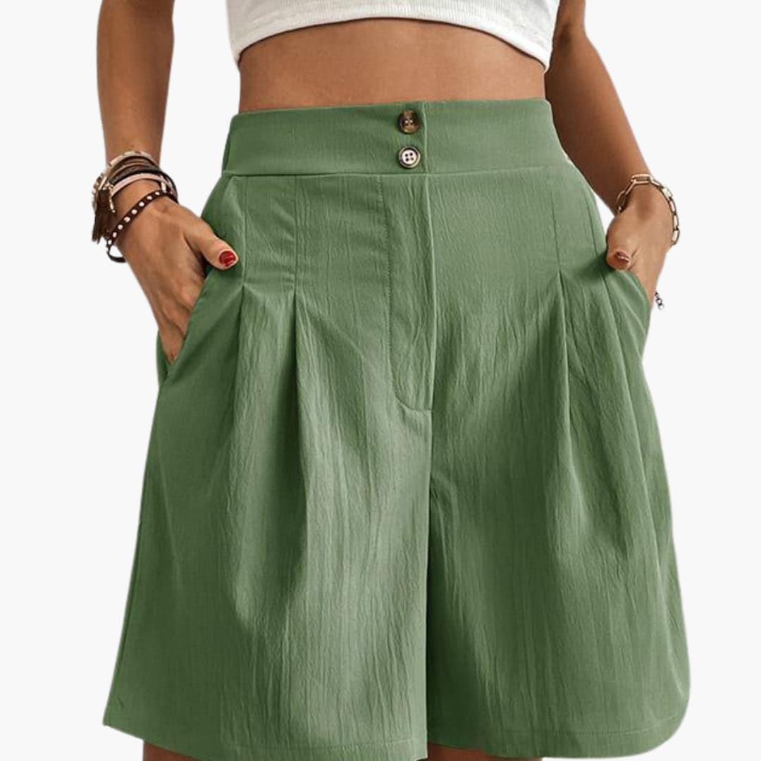 Women's high-rise green wide-leg shorts with side pockets by Wilfred Smith
