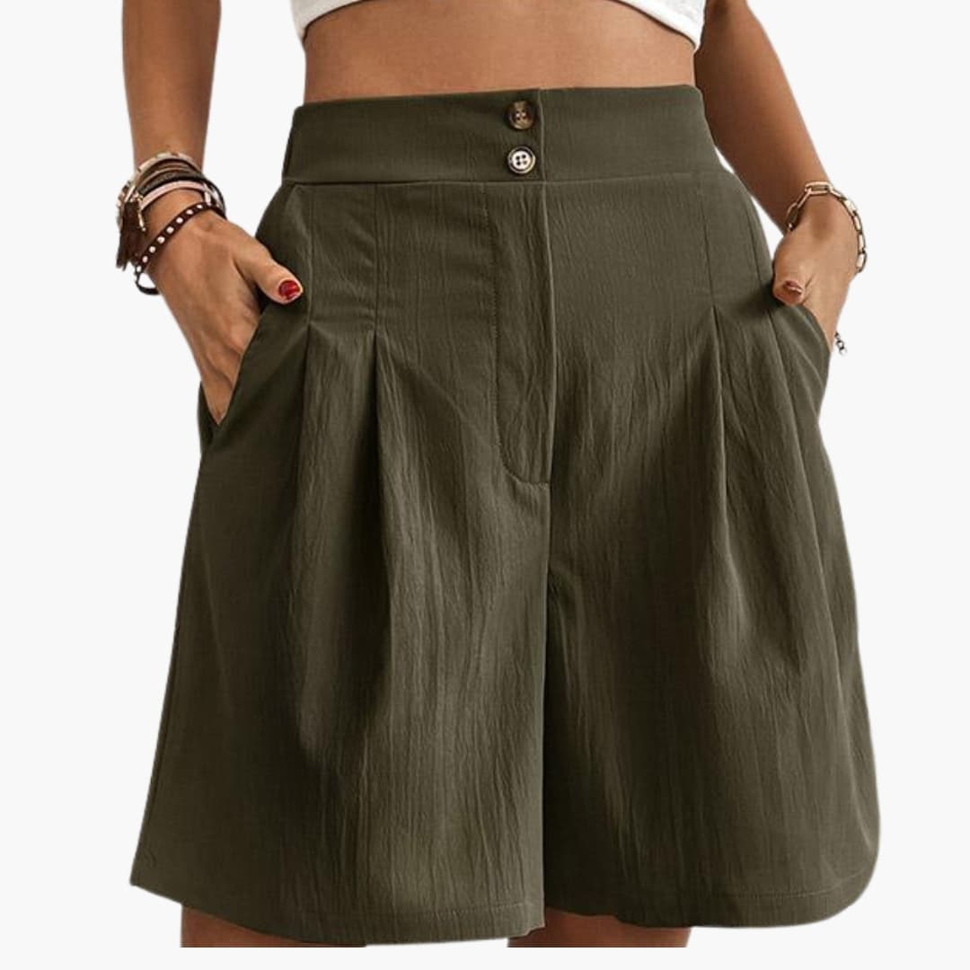 Women's High-Rise Wide-Leg Shorts with Side Pockets in olive green, Wilfred Smith.