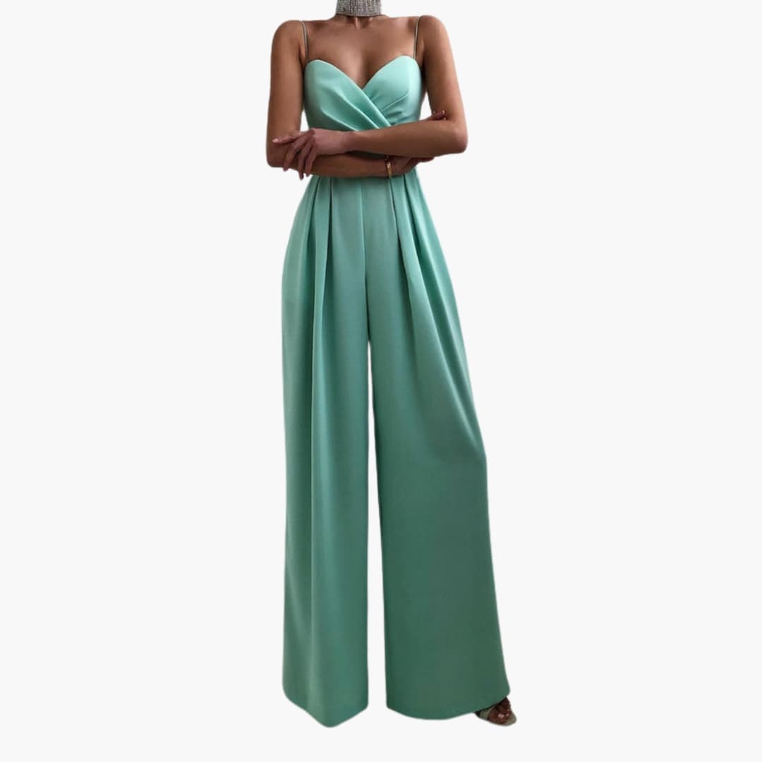 Women’s high waist jumpsuit with spaghetti straps in teal satin, wide-leg, one-piece