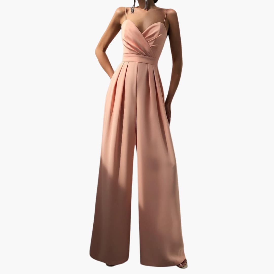Women’s High Waist Jumpsuit with Spaghetti Straps in peach-pink, wide-leg silhouette