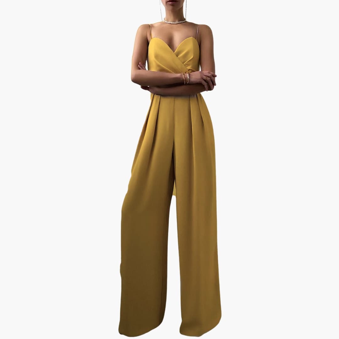 Wilfred Smith Women’s high-waist jumpsuit with spaghetti straps in mustard yellow, wide-leg one-piece