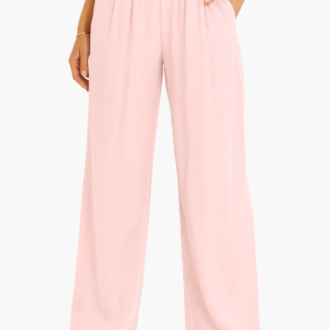 Women's high-waist soft pink wide-leg pants with elastic waistband
