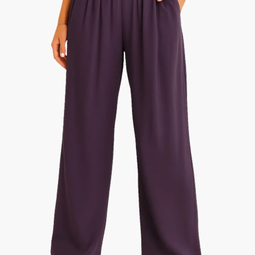 Women's high-waist elastic-band wide-leg trousers in plum