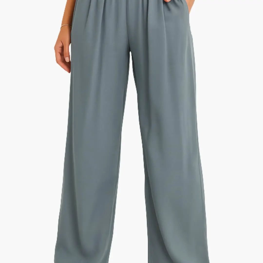 Women’s High Waist Pants with Elastic Band and Wide Leg in teal-blue, Wilfred Smith trousers.