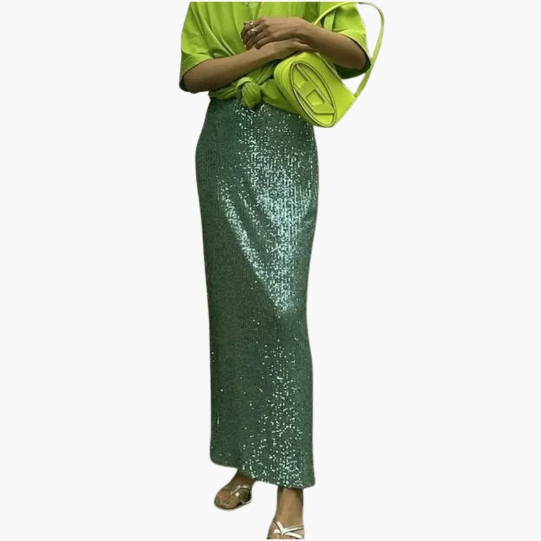 Women's high-waist sequin maxi skirt in emerald green for formal wear