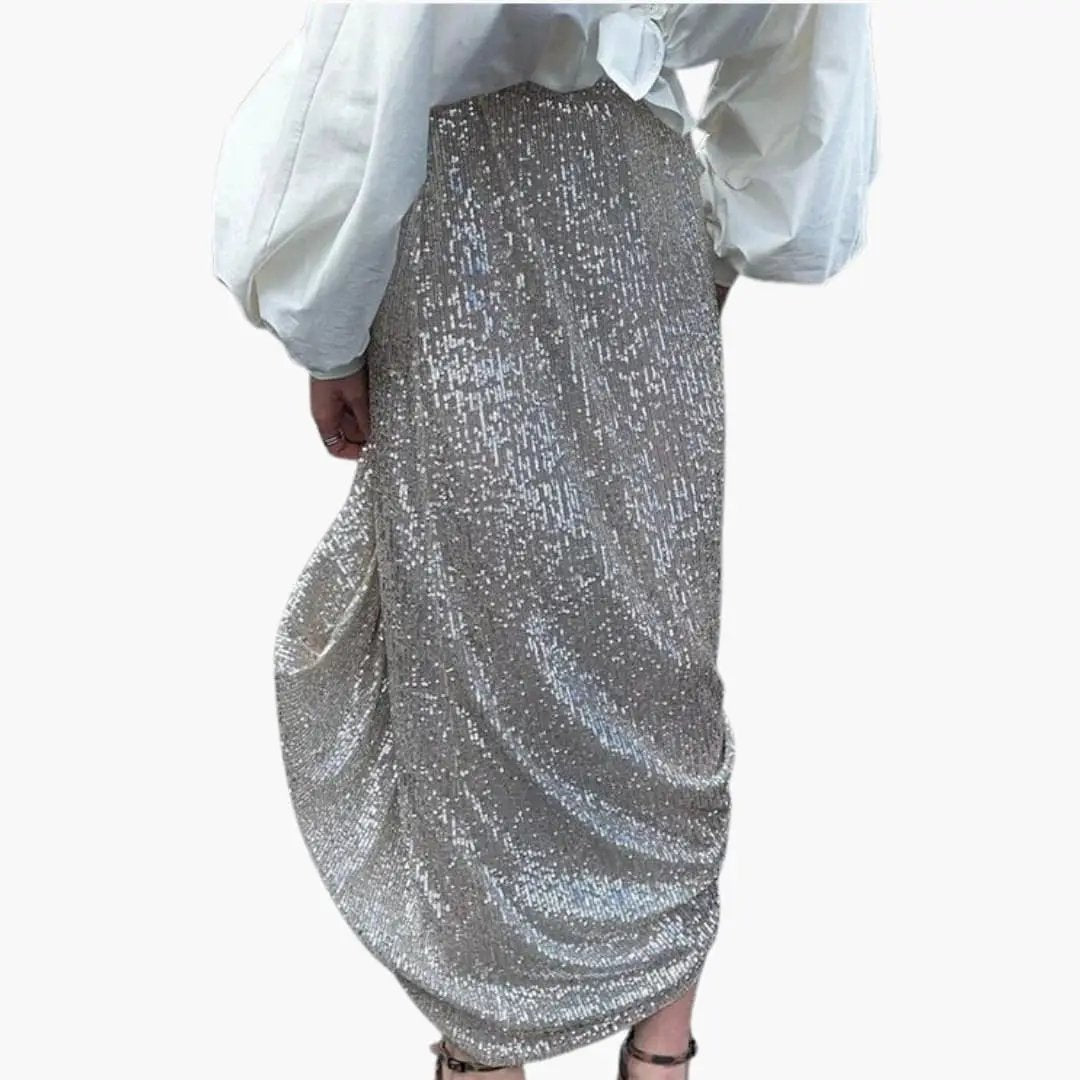 Women's High Waist Sequin Maxi Skirt in silver with a draped, floor-length silhouette.