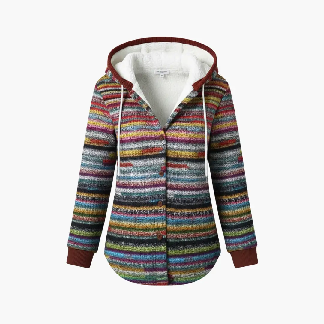 Women’s hooded cardigan in multicolor striped knit by Wilfred Smith, white fleece-lined hood, button front.