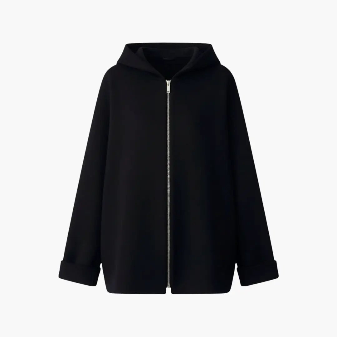 Wilfred Smith Women’s Hooded Jacket in black with front silver zipper