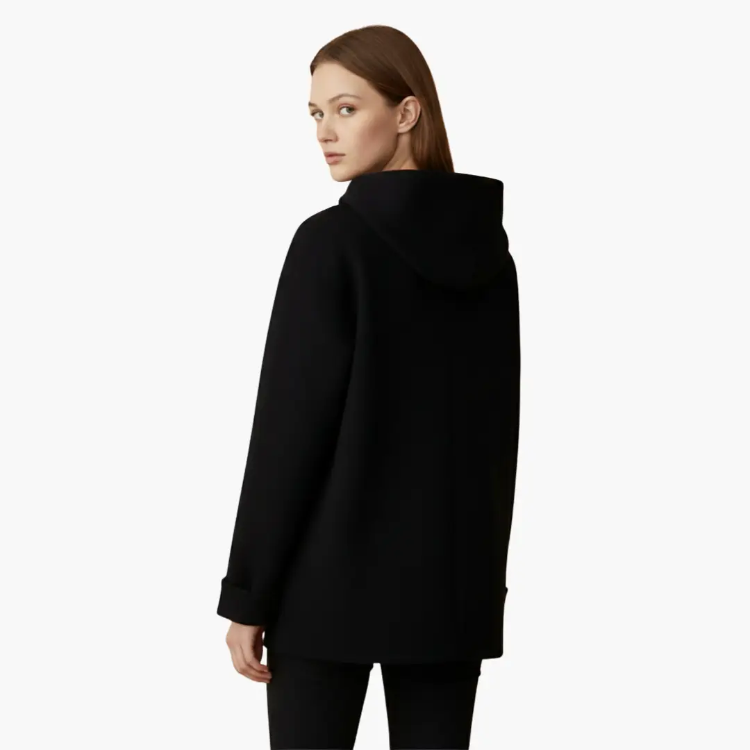 Women’s hooded jacket in black, back view with a wrap coat silhouette