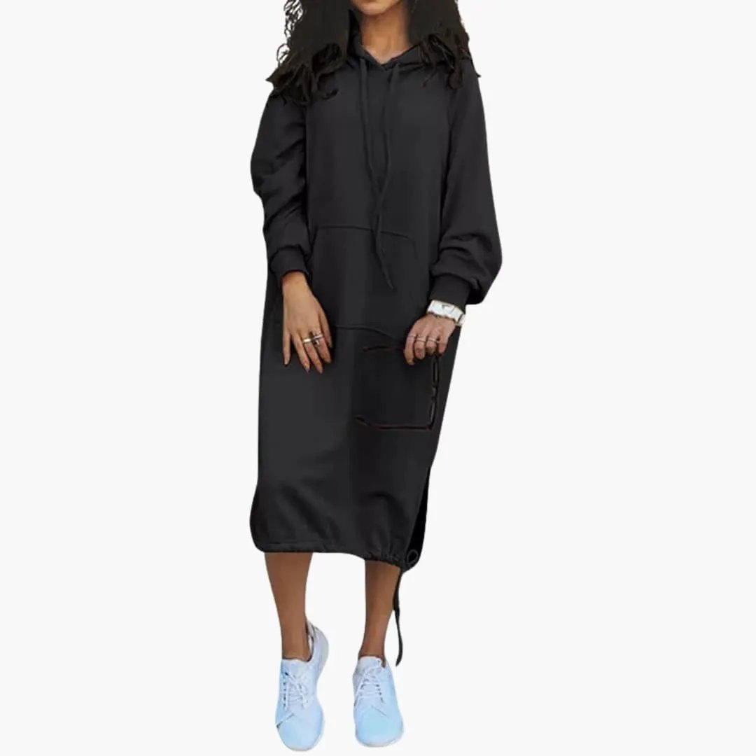 Women’s hoodie dress in black with kangaroo pocket and drawstring hem by Wilfred Smith