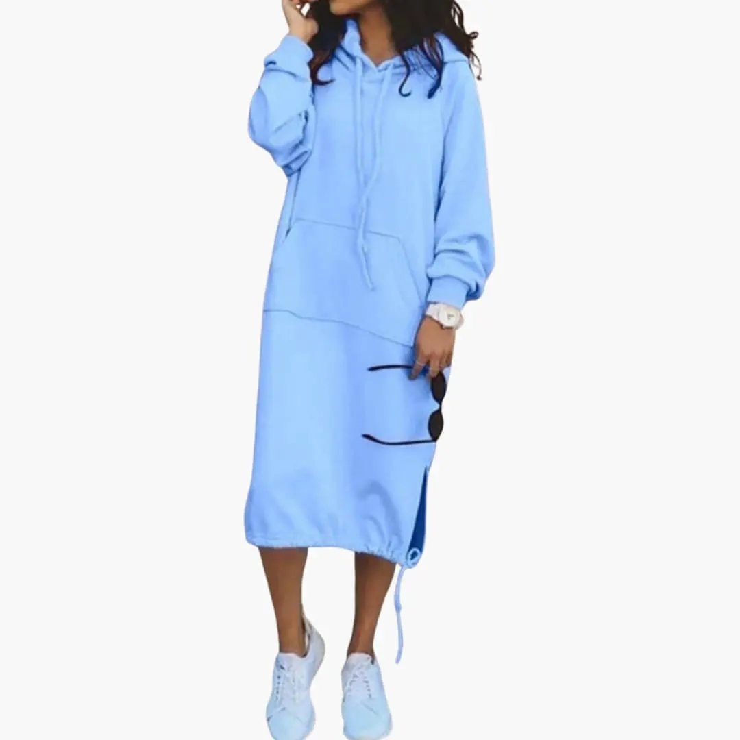 Women’s hoodie dress in light blue with kangaroo pocket and drawstring hem, long length.