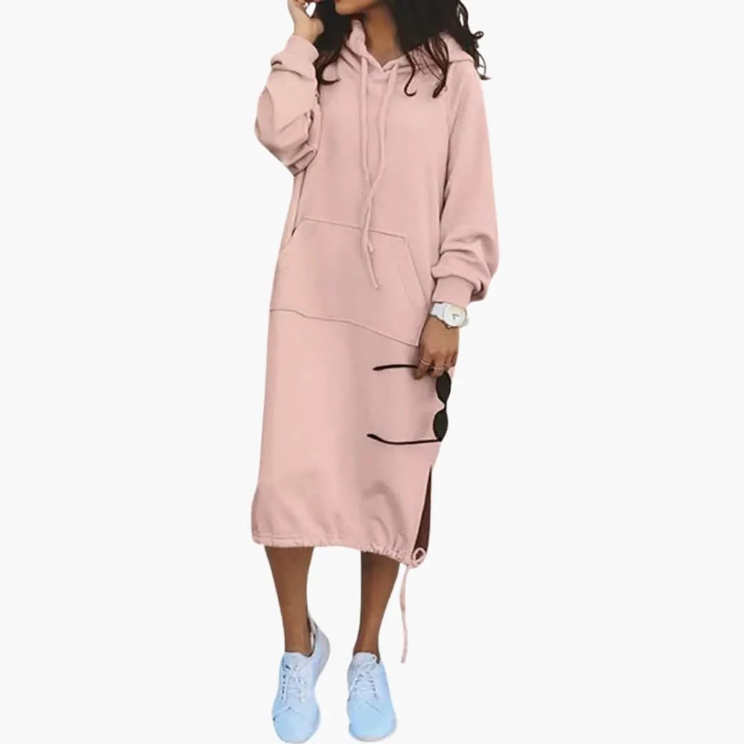 Women’s long hoodie dress in soft pink with kangaroo pocket and drawstring hem
