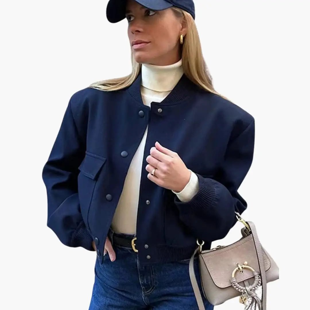 Women's navy bomber jacket with button closure and ribbed hem, cropped fit