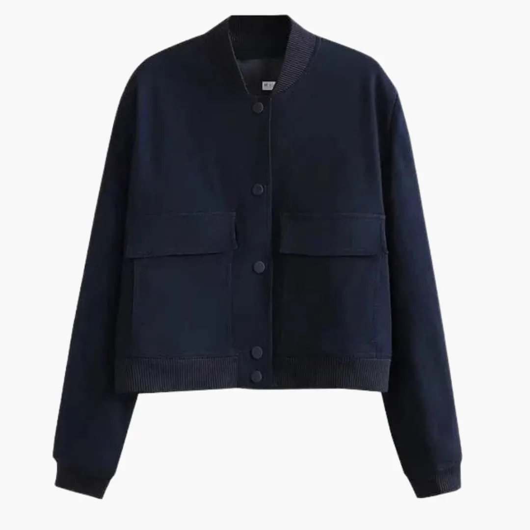 Women's navy cropped bomber jacket with button closure, ribbed hem and front pockets.
