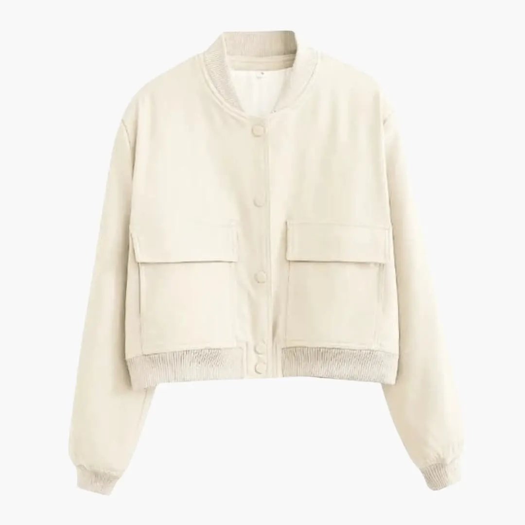 Wilfred Smith women's cropped bomber jacket in cream with button closure, ribbed hem and front flap pockets.