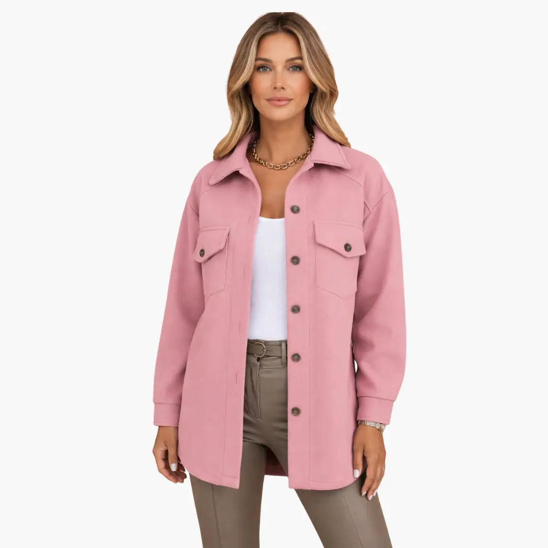 Women’s pink long jacket with button front, two chest pockets, and a collared neckline.