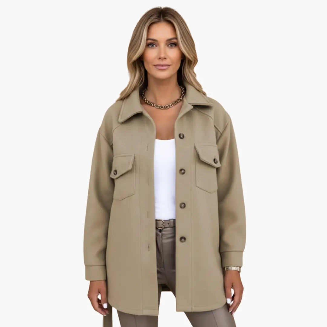 Women's jacket by Wilfred Smith, long beige with button-front and chest pockets