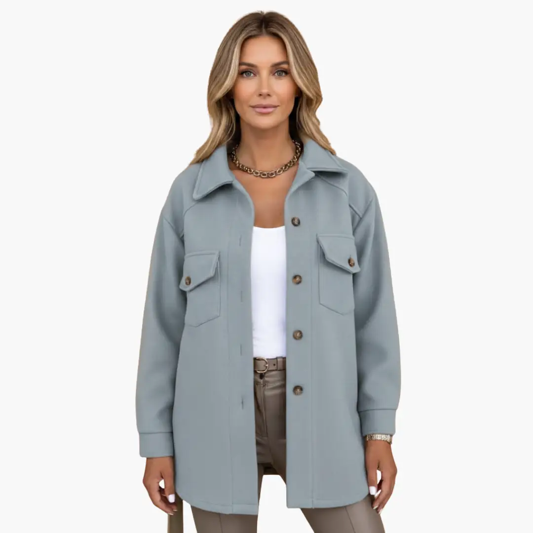 Women’s long light-blue jacket with button-front closure and chest flap pockets