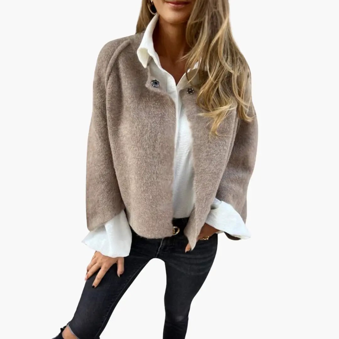 Women’s cropped bolero jacket in taupe boucle fabric