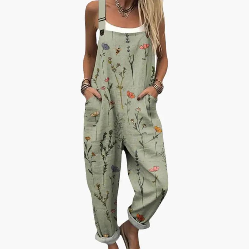 Women's printed jumpsuit in sage-green with floral pattern, wide-leg silhouette and pockets