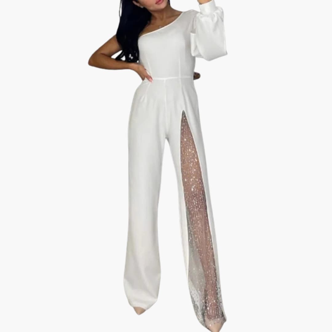 Women's one-piece jumpsuit in white with sheer sequined leg panel and side slit