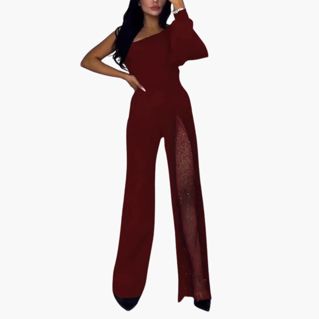 Wilfred Smith women’s burgundy one-piece jumpsuit with sheer sequined panel