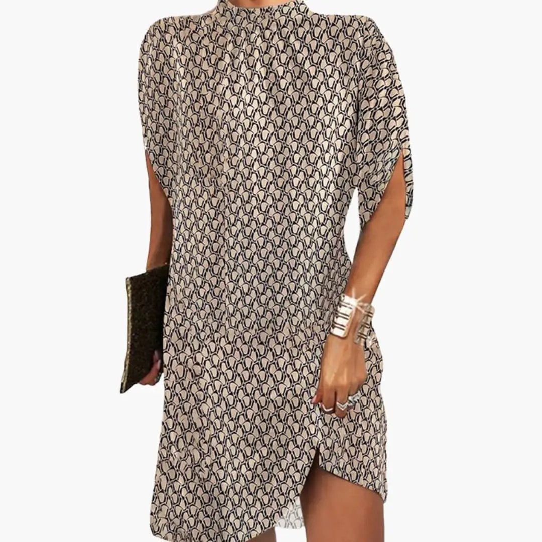 Womens knee-length dress with high neckline in beige and navy geometric print and short relaxed sleeves